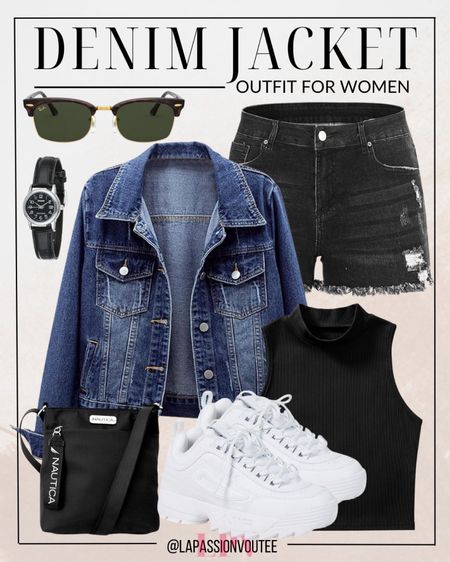 Effortless street style: Pair your denim jacket with a ribbed tank top and black denim shorts for a versatile look that's both comfortable and chic. Add a touch of sophistication with stylish sunglasses, a sleek watch, and a crossbody bag, then complete the ensemble with classic white sneakers for an easygoing yet polished vibe.

#LTKSeasonal #LTKstyletip #LTKfindsunder100