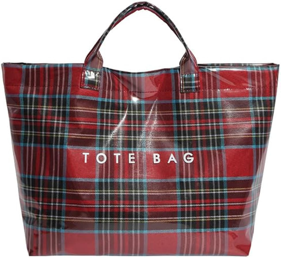 Christmas Plaid PVC Tote Bag for Women,Spacious Letter Print Handbag,Durable Plastic Bag for Chri... | Amazon (US)