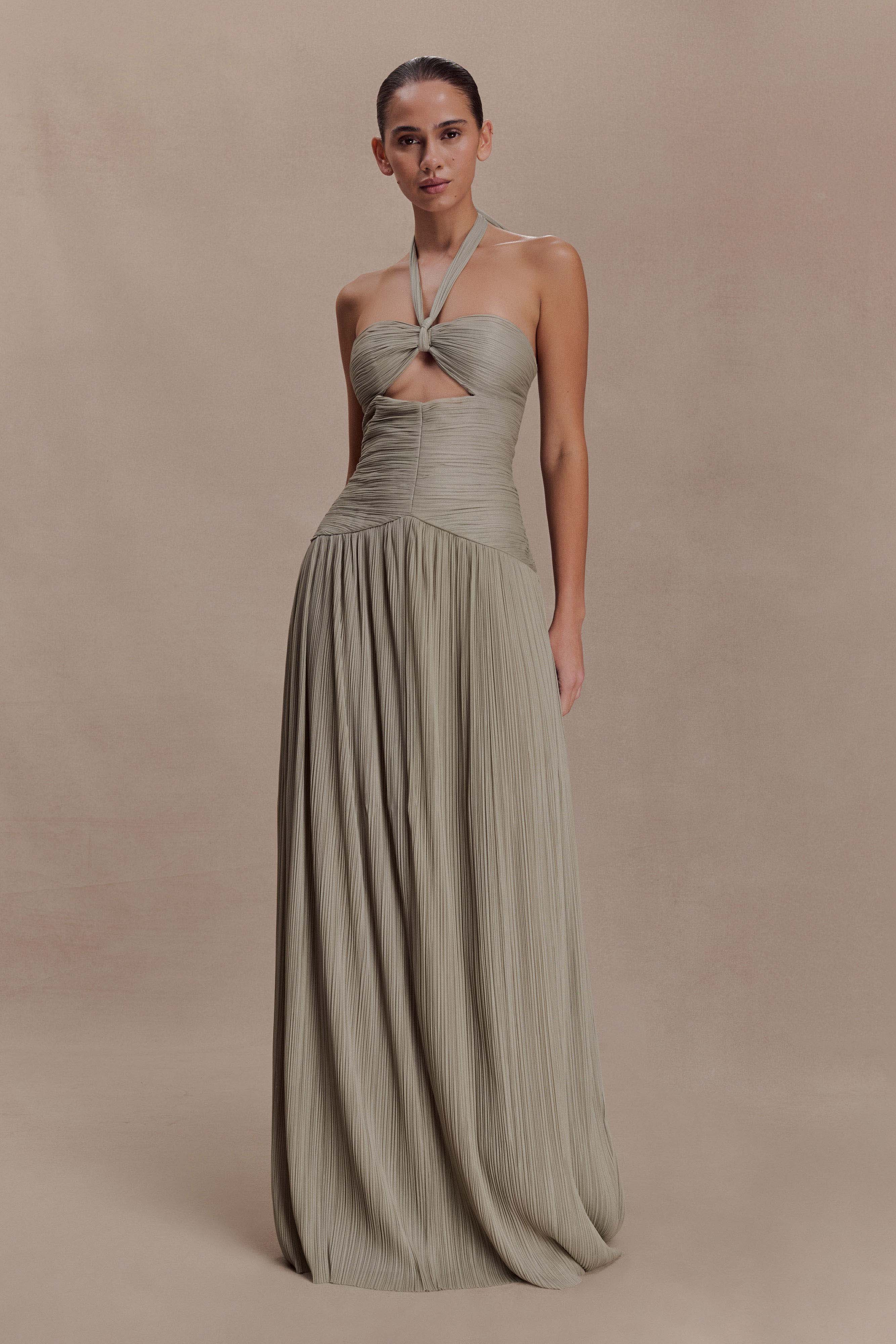 Pleated Chiffon Maxi Dress - Silver | MESHKI US