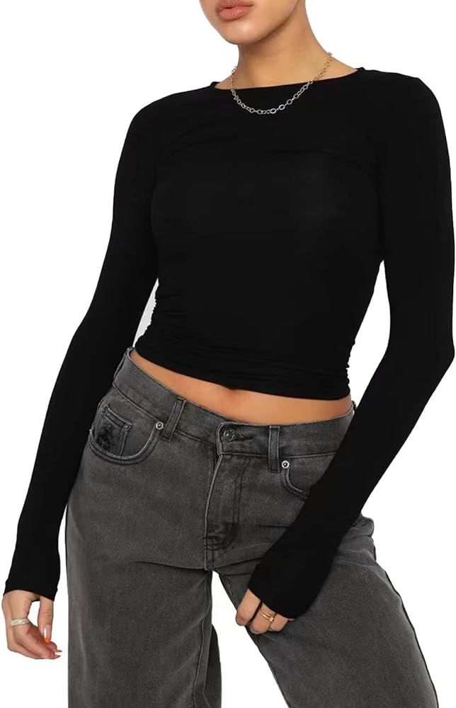 VELISDE Women Slim Fit Crop Tops Crewneck Skinny Shirt Long Sleeve Y2K Sexy Casual Basic Solid Co... | Amazon (US)