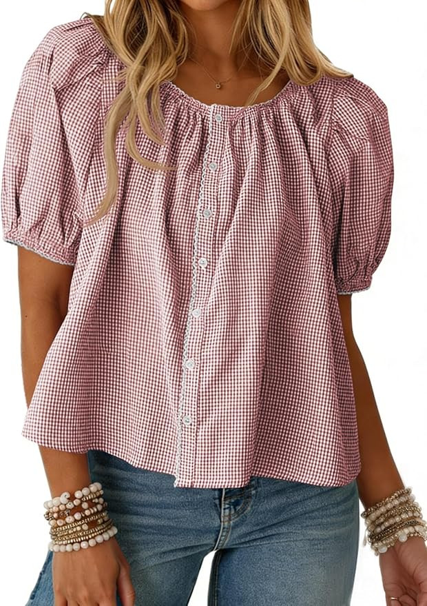Tankaneo Womens Puff Sleeve Gingham Blouse Summer Plaid Crew Neck Cute Tops Trendy Casual Button ... | Amazon (US)
