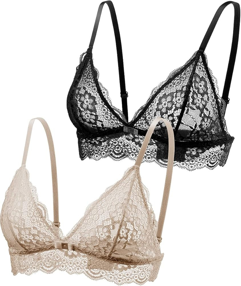 Lace Bralettes for Women No Underwire Sexy Triangle See Thru V Neck Unpadded Bra | Amazon (US)