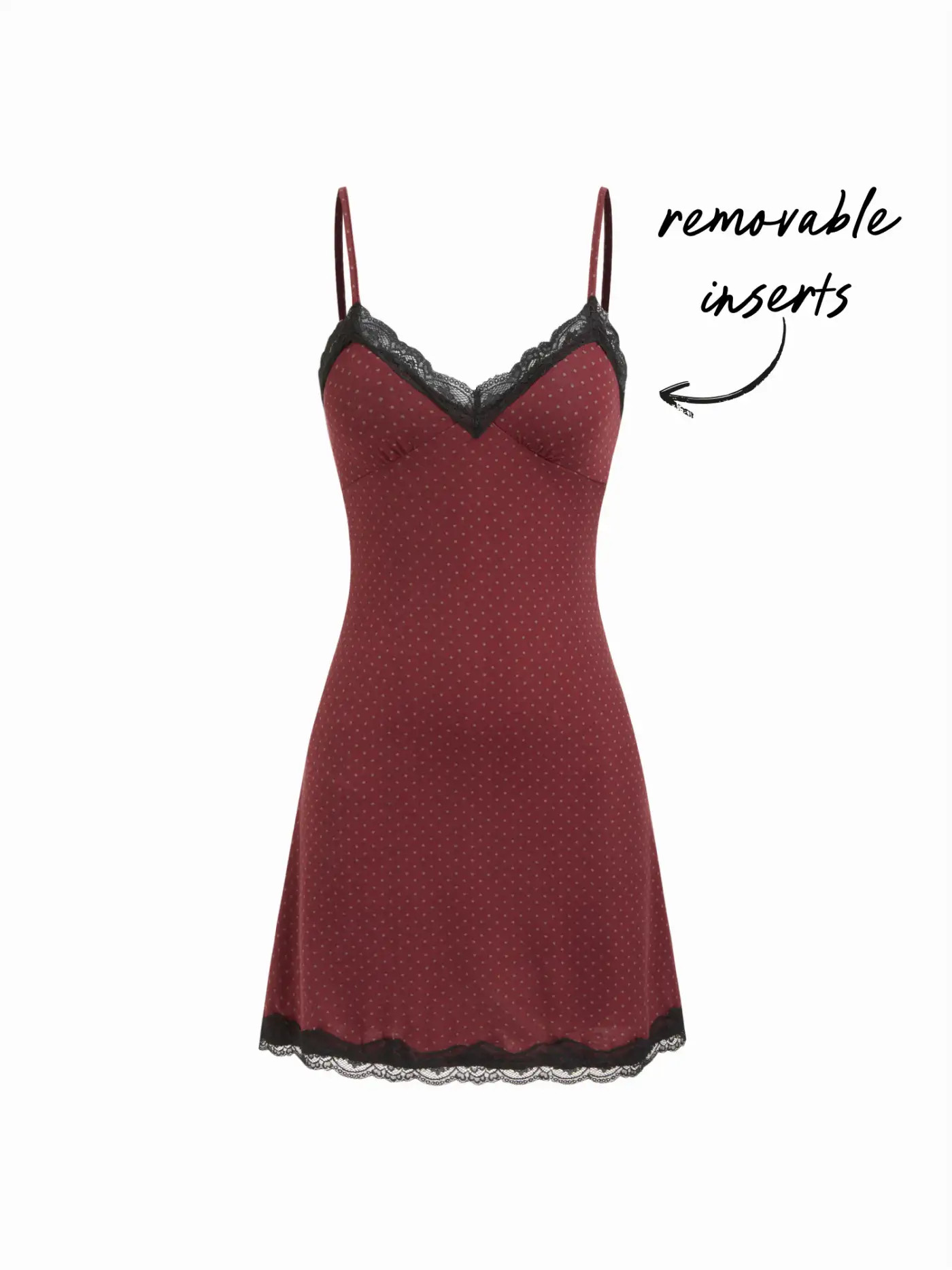 Knit Fabric V-neck Polka Dot Lace Trim Mini Nightdress With Removable Padding For Bedroom | Cider