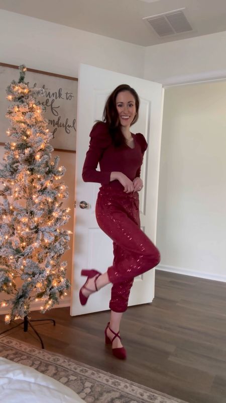 Stretchy sequin joggers for the holidays! ✨ Silky pants with a stretchy waistband — perfect Christmas outfit idea! Prime shipping in some colors! ❤️ Christmas party outfit // Holiday office party outfit // sequin jogger outfit // reoria amazon bodysuit // monochrome outfit 

#LTKHoliday #LTKparties #LTKSeasonal
