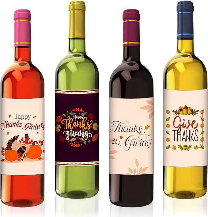 WhatSign Thanksgiving Wine Bottle Labels Sticker 4 PCS Thanksgiving Party Wine Bottle Decorations... | Amazon (US)
