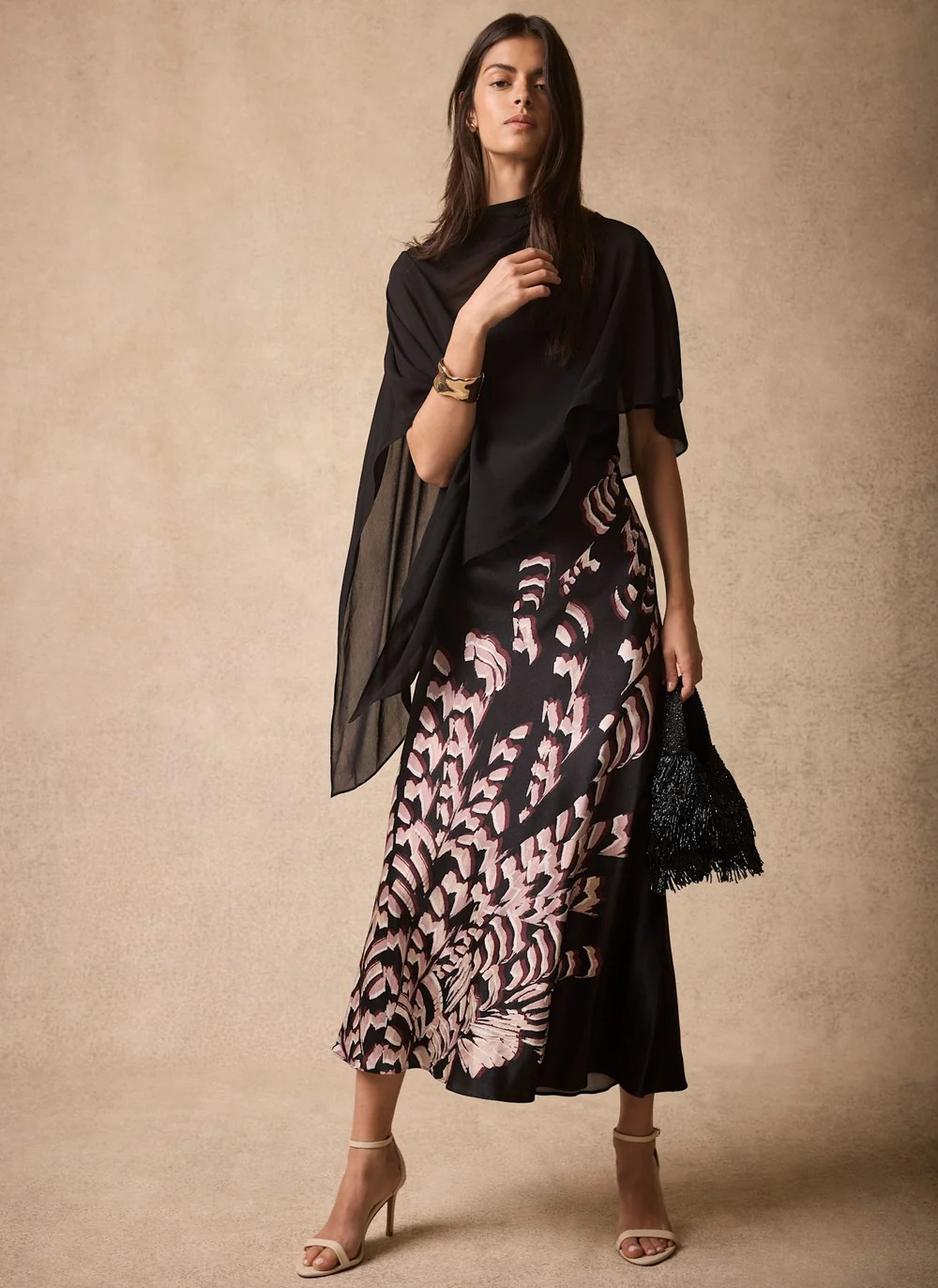 Black Satin Printed Cape Detail Maxi Dress | Mint Velvet - ROW