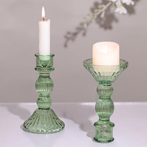 DARJEN 2 Pcs Green Candlestick Holders - Vertical Stripe Glass Candle Holders for Taper and Votive Candles, Taper Candle Holder for Home, Wedding, Decor & Table Centerpieces | Amazon (US)