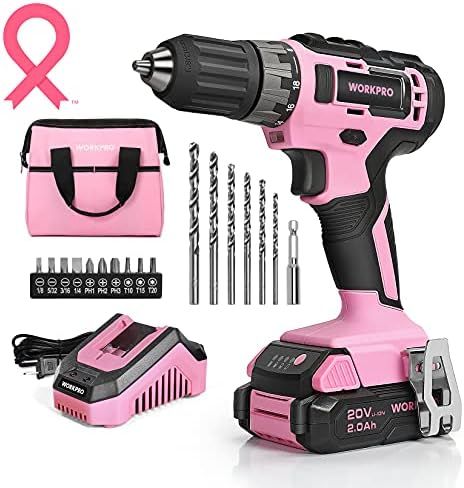 WORKPRO 20V Pink Cordless Drill Driver Set, 3/8” Keyless Chuck, 2.0 Ah Li-ion Battery, 1 Hour Fast C | Amazon (US)