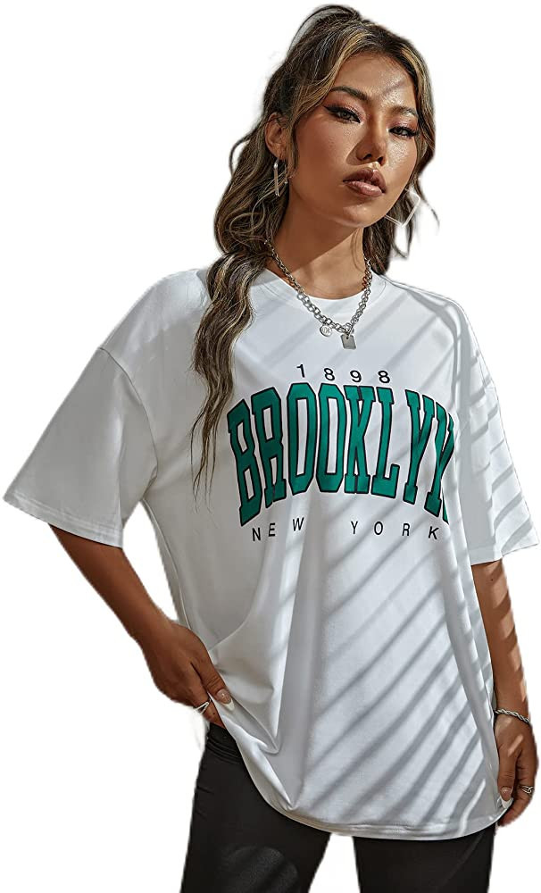 SheIn Women's Novelty Letter Graphic Oversized Drop Shoulder Longline Tee Tshirts | Amazon (US)