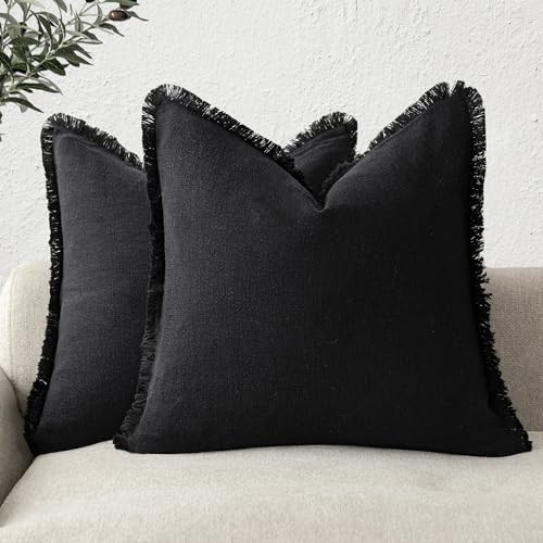 Foindtower Set of 2 Decorative Linen Fringe Throw Pillow Covers Cozy Boho Farmhouse Cushion Cover with Tassels Soft Accent Pillowcase for Couch Chair Sofa Bed Living Room Home Decor,18×18 Inch,Black | Amazon (US)