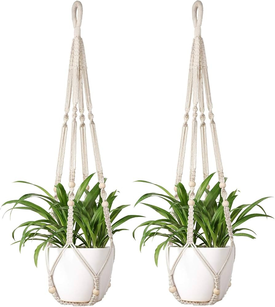 Mkono Macrame Plant Hanger Indoor Hanging Planter Basket with Wood Beads Decorative Flower Pot Ho... | Amazon (US)