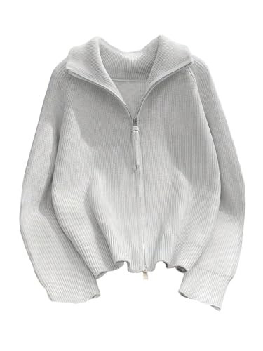 RoseSeek Women's Ribbed Knit Zip Up Sweater Collared Long Sleeve Cardigans Fall Sweaters Light Grey Small | Amazon (US)