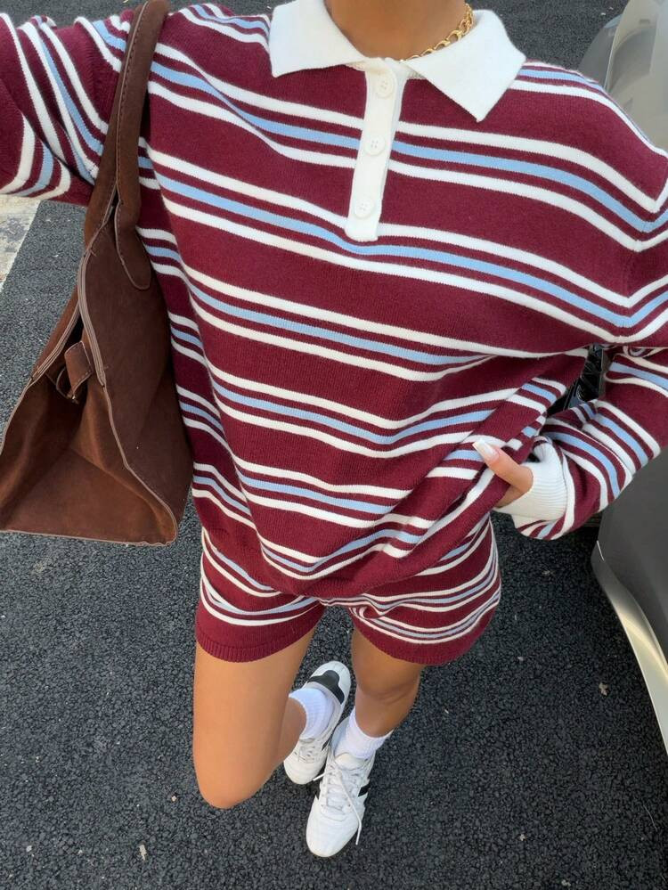 Muchica Women's Colorful Striped Knitted Polo Neck Sweater And Shorts Set For Going Out Outfits, Back To School, Streetwear | SHEIN
