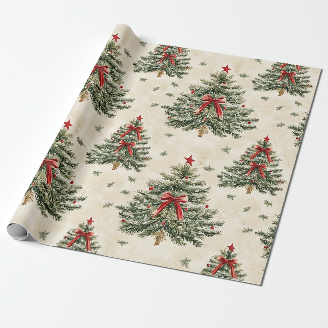 Vintage Christmas Tree with Red Bow Minimalist  Wrapping Paper | Zazzle | Zazzle