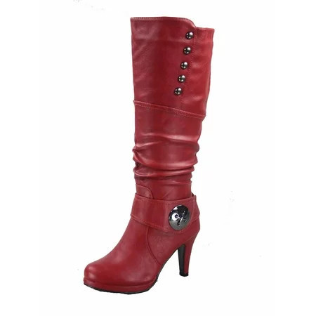 Win-45 Women s Fashion Knee High Round Toe Slouched High Heel Platform Boots ( Red  10 ) | Walmart (US)