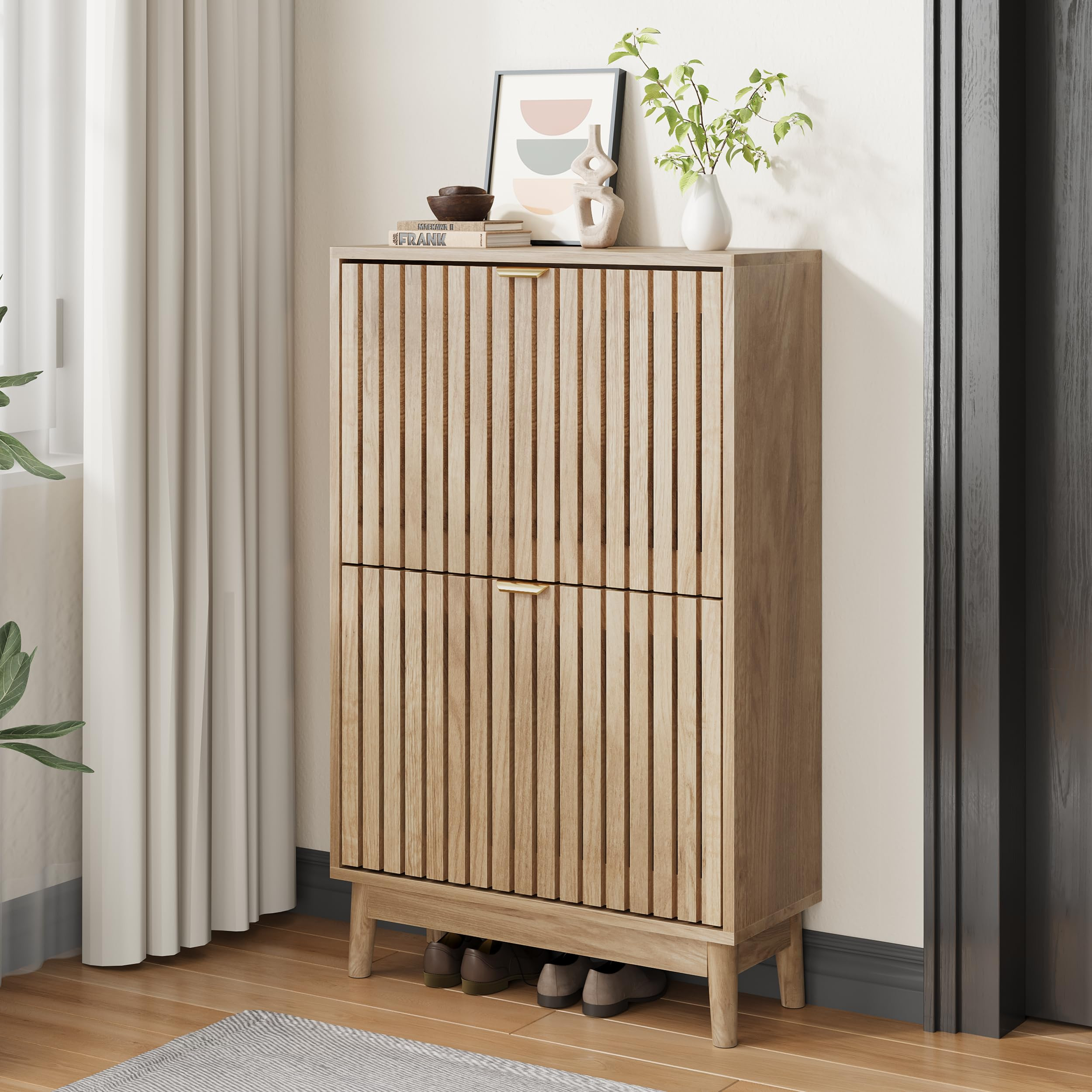 2 Flip Drawer Shoe Storage Cabinet, Wooden Shoe Organizer with Ventilated Slatted Doors for Entryway, Hallway, Living Room (Wood, 23.6" W) | Amazon (US)