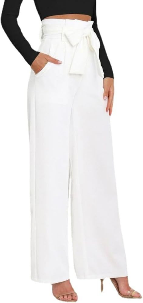 Women Wide Leg Lounge Pants Business Casual High Waist Adjustable Tie Knot Straight Leg Trousers ... | Amazon (US)
