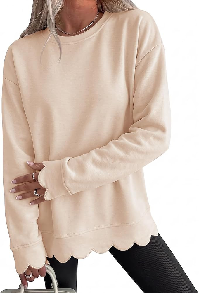 Fisoew Womens Oversized Crewneck Sweatshirts Scalloped Casual Pullover Tops | Amazon (US)