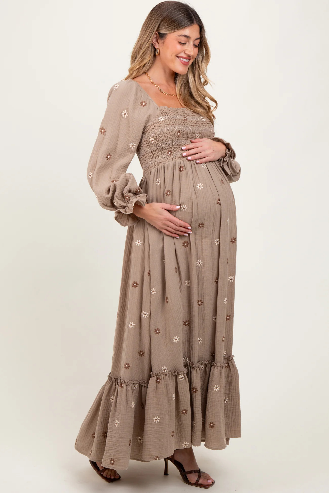 Grey Taupe Long Sleeve Floral Accent Maternity Dress | PinkBlush Maternity
