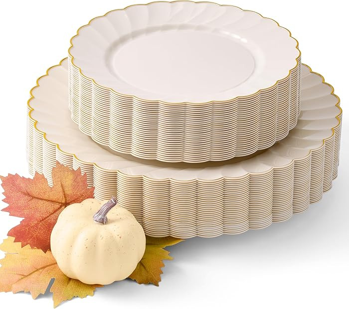 By Madee PREMIUM 60 Pc Ivory Scalloped Plastic Plates for Party with Gold Trim – 30 Dinner & 30... | Amazon (US)