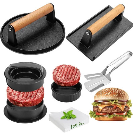 YSPUKY 6pcs Smash Burger Press Kit, 3 in 1 Hamburger Press Patty Maker, Cast Iron Burger Press Round & Rectangle, 100pcs Wax Paper for Grill, Griddle, Flat top, Kitchen, Cooking | Walmart (US)
