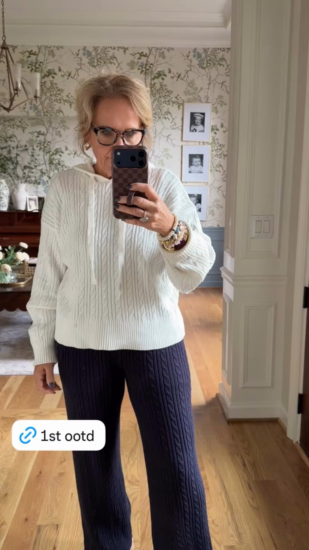 Cable knit loungewear size medium from Walmart. You can get a matching set. 
Sneakers tts 
I layered a striped tshirt underneath 
Bracelet medium size code NANETTE30 30% off 

#LTKFindsUnder50 #LTKootd #LTKOver40