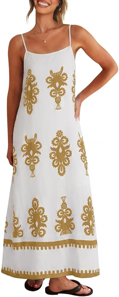 Glamaker Womens Summer Dresses 2026 Casual Floral Spaghetti Strap Flowy Maxi Dress Boho Sleeveles... | Amazon (US)