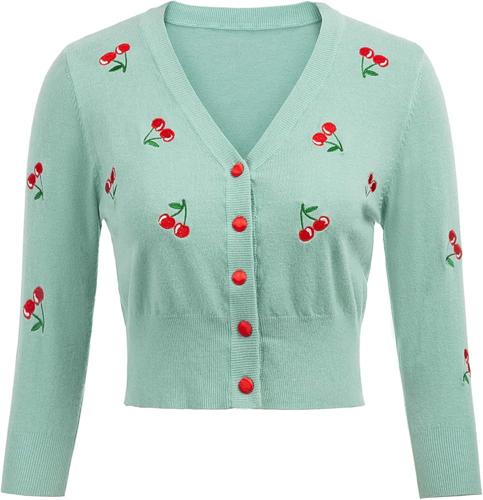 Belle Poque Women's 3/4 Sleeve V-Neck Button Down Cherries Embroidery Cropped Cardigan Sweater Co... | Amazon (US)