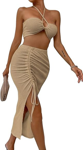 SOLY HUX Women's Summer 2 Piece Sexy Bodycon Outfits With Crop Halter Top & Drawstring Split Thig... | Amazon (US)