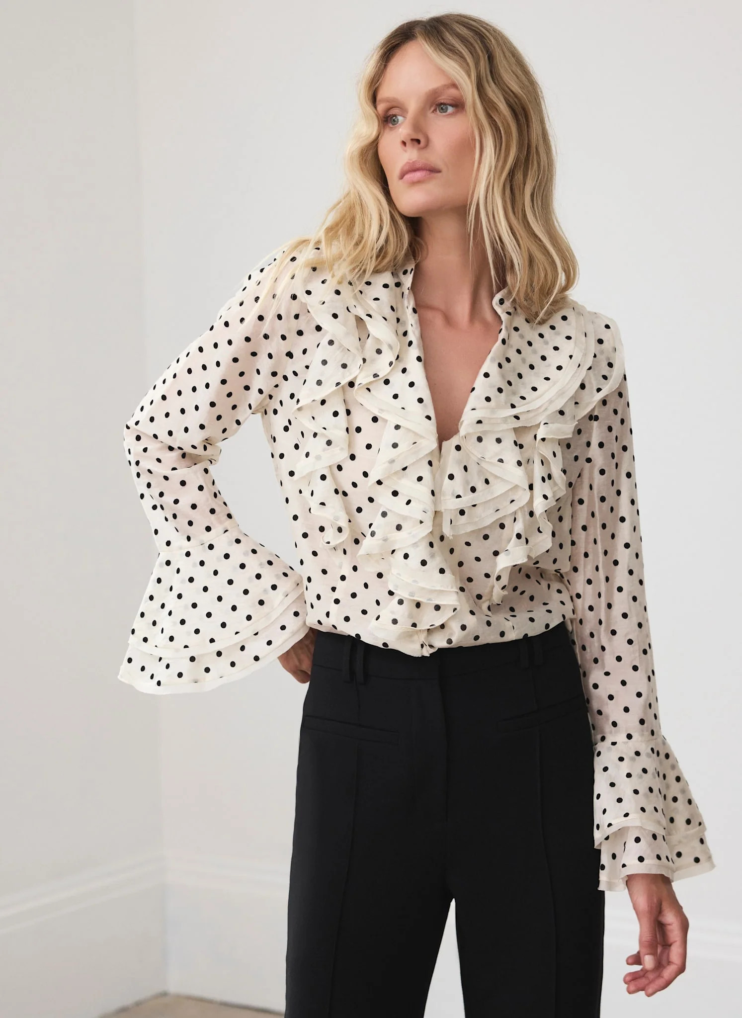 Neutral Polka Dot Ruffle Blouse | Mint Velvet