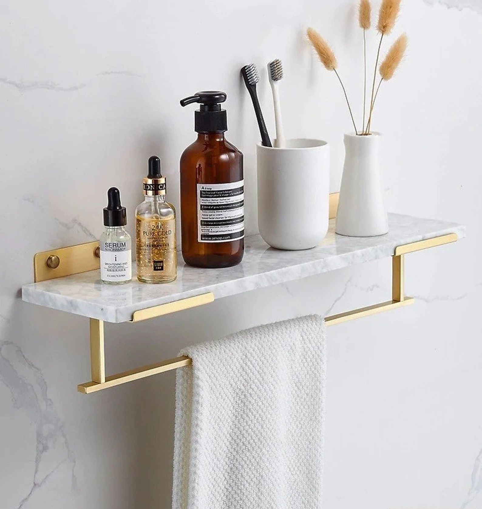 Bathroom Gold Brush Brass/Polished with Marble Shelf Bathroom Towel Bar Holder Luxury Marble Styl... | Etsy (US)