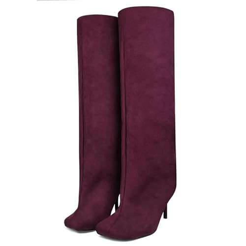 pinokino Knee High Boots Wide Calf Women Long Suede Square Toe Bootie Tall Cute Slouchy Fashion Boots Ladies Fall Boot Burgundy Size 10.5 | Amazon (US)