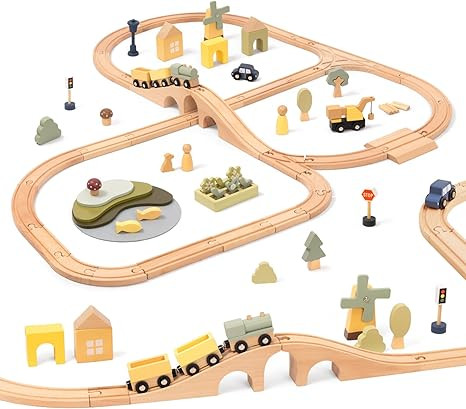 OOOK Multi-Scenario Wooden Train Set,All Wood Accessories Train Set for Toddlers 3 Years Old, Mul... | Amazon (US)