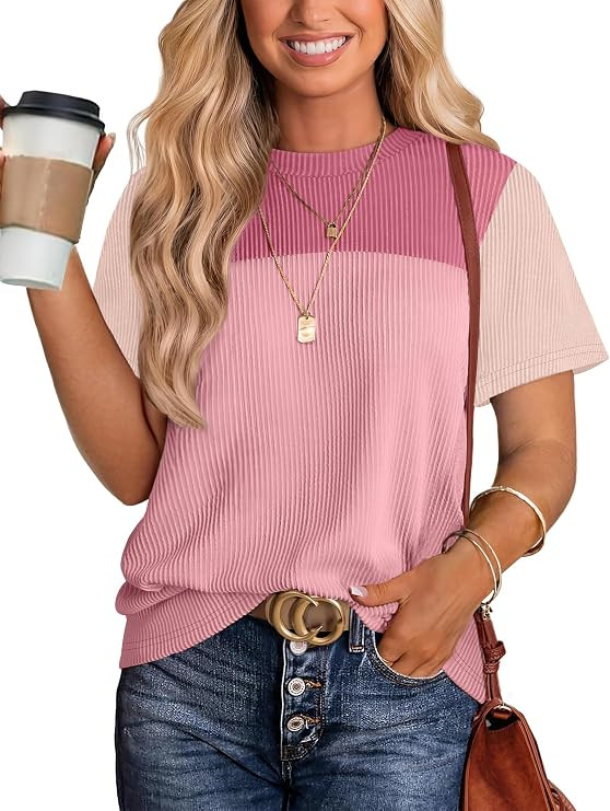 WIHOLL Womens Fashion 2026 Color Block Shirts Short Sleeve Knitted Summer Fall Tops Casual Trendy | Amazon (US)