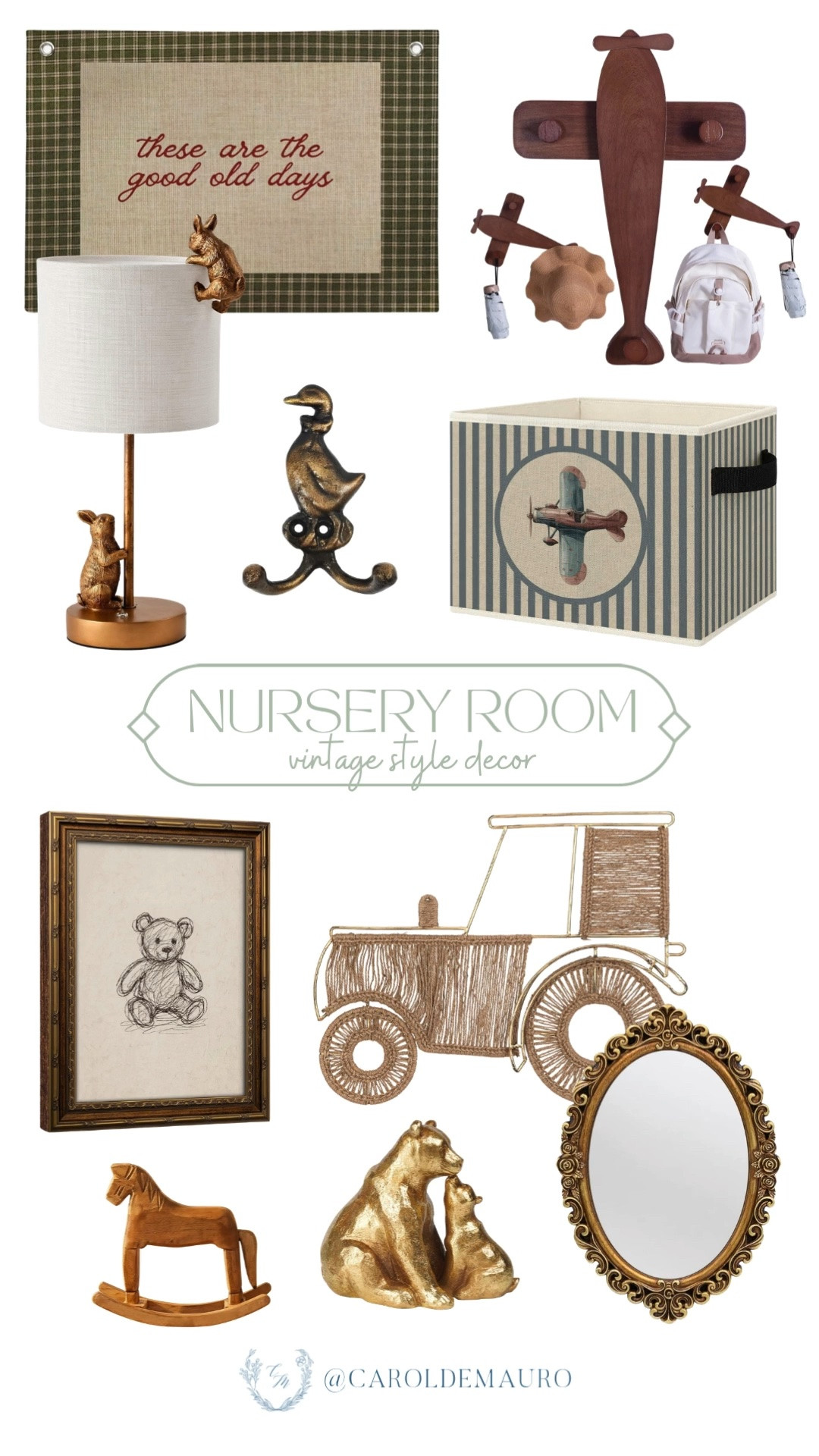 This nursery is giving the sweetest vintage charm! The wooden rocking horse, gold framed mirror, and woven tractor make the room feel so timeless.

vintage nursery decor, nursery styling, baby room decor, antique nursery accents, nursery wall art, vintage baby decor, gender neutral nursery, nursery inspiration

#LTKHome #LTKKids #LTKBaby