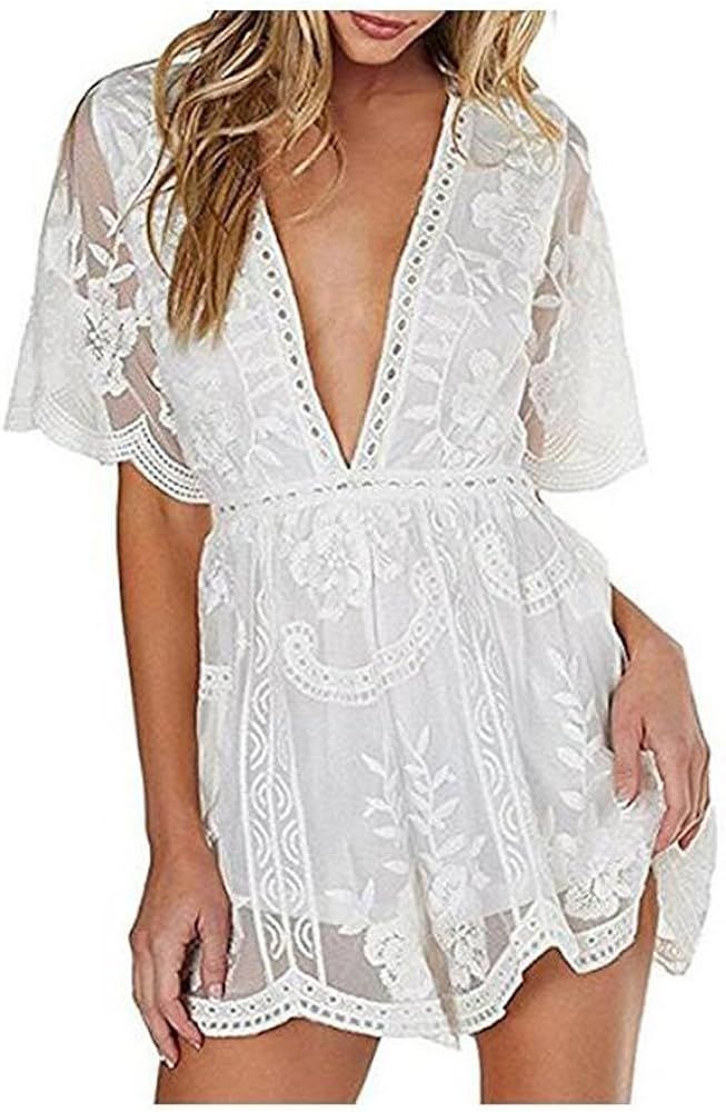 Wicky LS Women's Sexy Short Sleeve Long Dress Low V-Neck Lace Romper | Amazon (US)