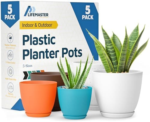 Multicolor Plant Pots with Drainage Holes & Saucers 5 Pack, Indoor & Outdoor Stackable Space-Savi... | Amazon (US)