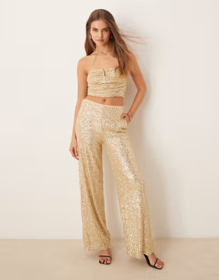 ASOS DESIGN sequin wide leg pants in gold - part of a set | ASOS (Global)