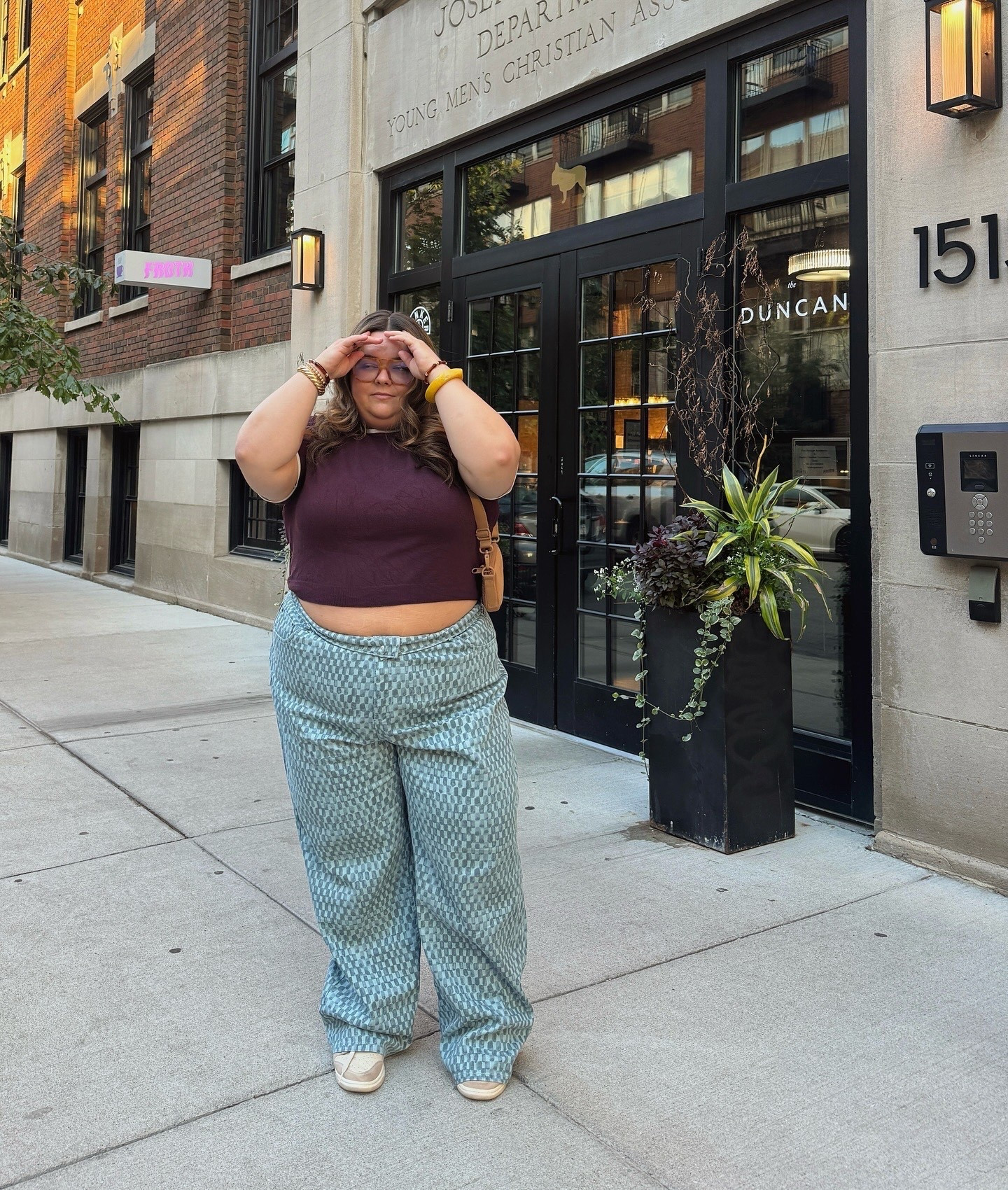 plus size outfit of the day 
I’m a size 20 and 5’2 
• Jeans: old Future Collective x target size 20 
• cropped burgundy shirt: H&M size XXL 
• Nike dunks
• Dagne Dover Mara Phone Sling
• blue light glasses from H&M 

#LTKPetite #LTKMidsize #LTKPlusSize