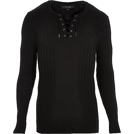 Black ribbed lace-up neck jumper | River Island (UK & IE)