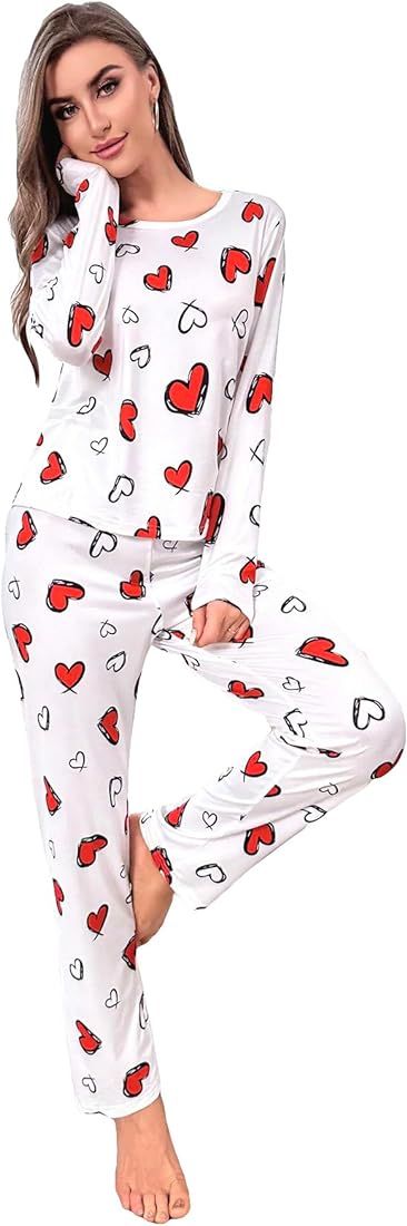 Verdusa Women's 2 Piece Heart Print Pajama Sets Long Sleeve Tee Top and Pants | Amazon (US)