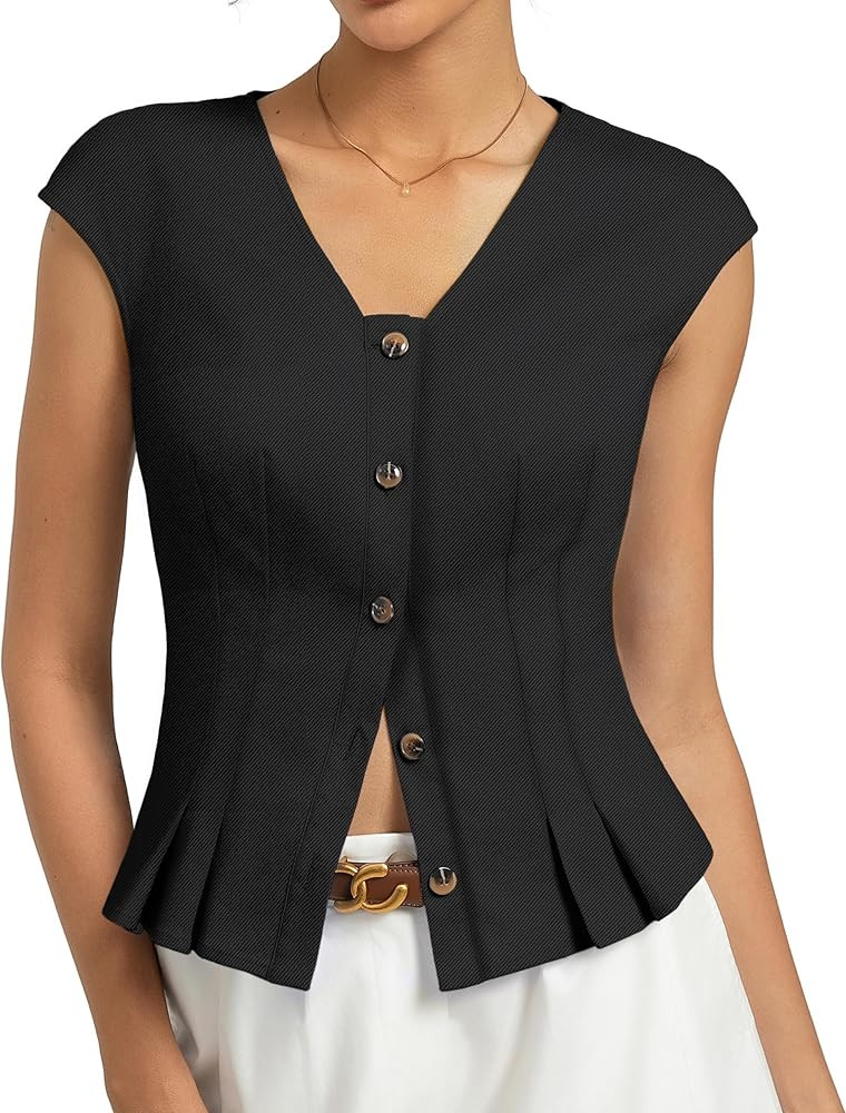 Kate Kasin Womens Button Down Crop Tops, Cap Sleeve Work Shirt, Slim Fit Cute Vest Trendy | Amazon (US)