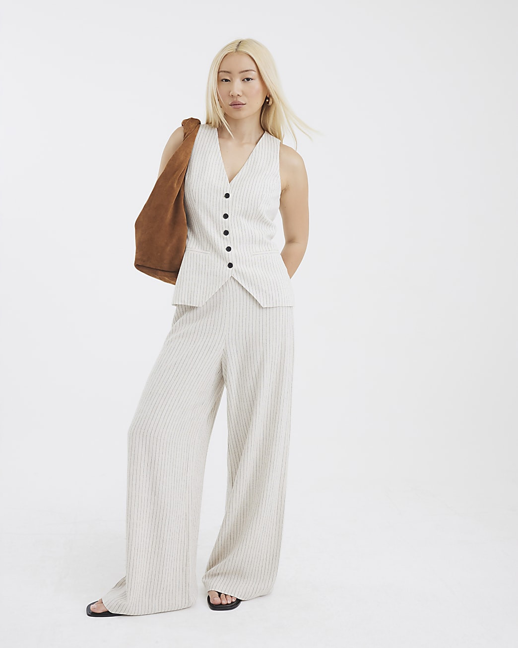 Cream Stripe Linen Blend Wide Leg Trousers | River Island UK & IE