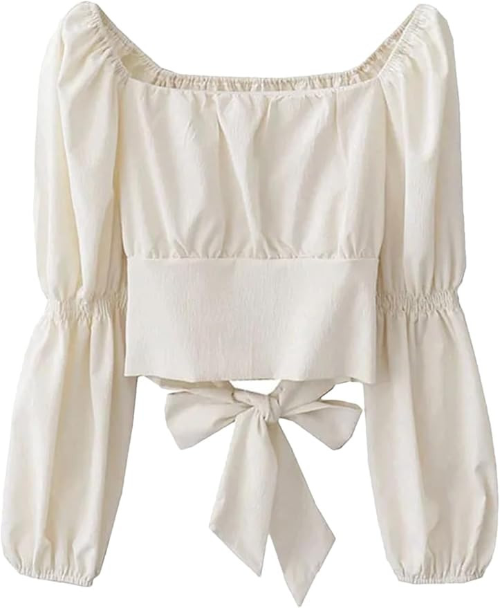 Women Simple Cropped Pleated Slim Sexy Puff Sleeve Blouses Vintage All-Match Bandage Bow Square C... | Amazon (US)