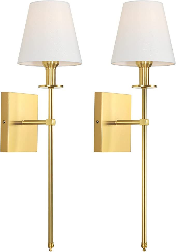Set of 2 Gold Slim Wall Sconces with White Lampshade, Plug in or Hardwired Indoor Wall Light, Rus... | Amazon (US)
