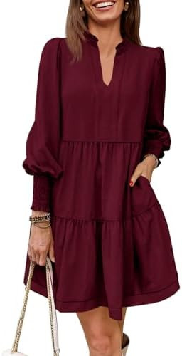 Imily Bela Womens Fall Long Sleeve Tunic Dress Casual V Neck Loose Ruffle Tiered Dress | Amazon (US)