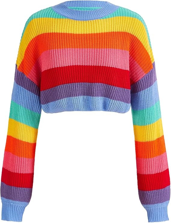 Verdusa Women's Striped Rainbow Cropped Sweater Long Sleeve Lightweight Cute Knit Tops Pullovers | Amazon (US)