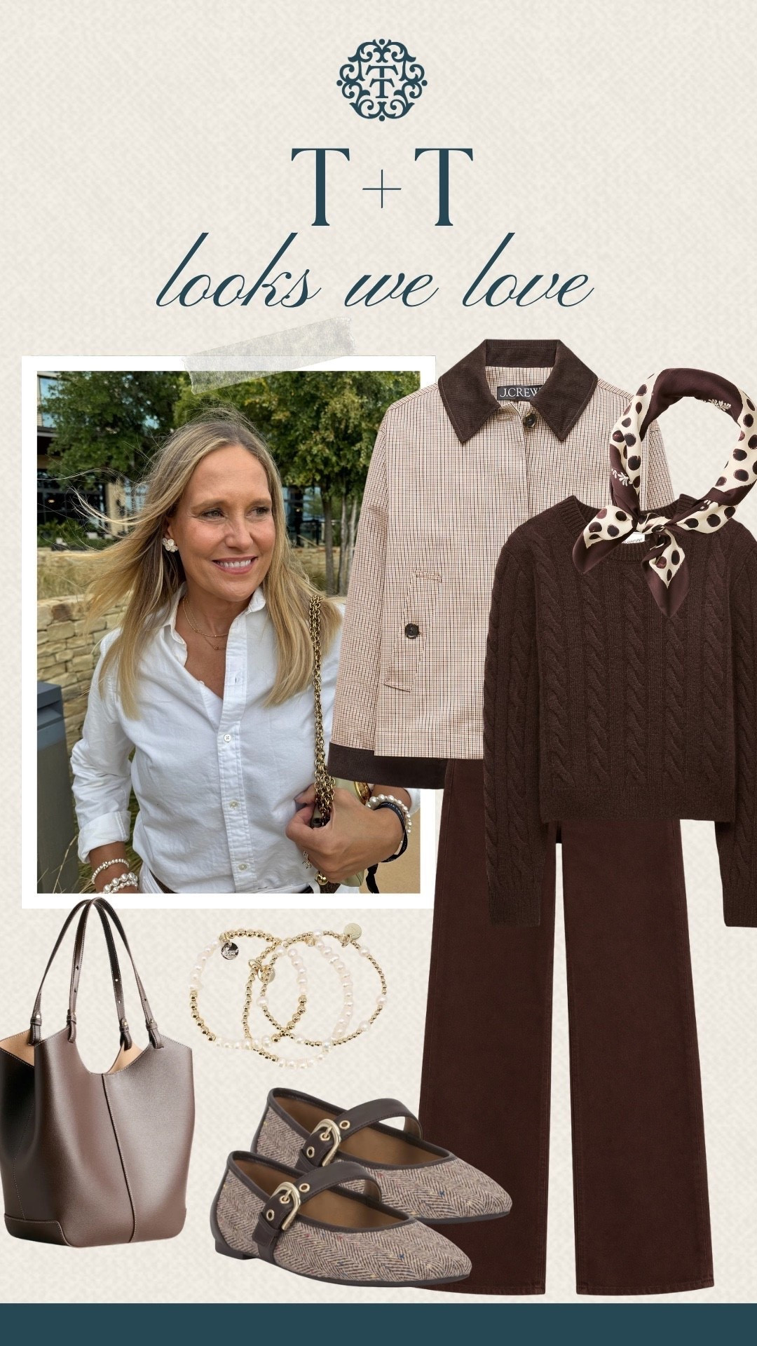 T+T looks we love! This J.Crew plaid jacket paired with a brown cable-knit sweater and chocolate brown pants is a great combination for fall. I’d add a printed scarf, Mary Jane flats, and a brown tote to finish the look. s
