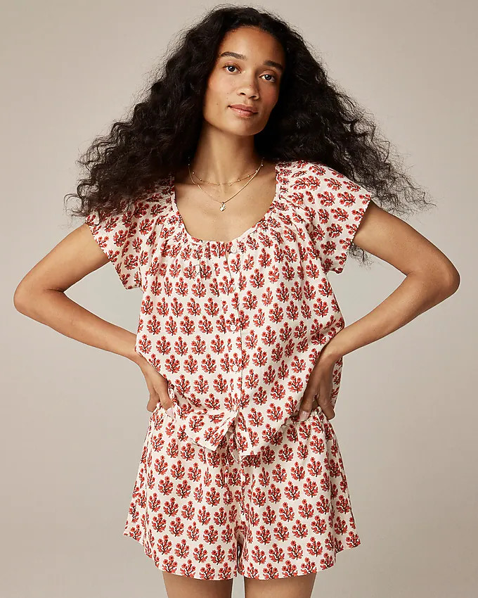 Linen-cotton blend flutter-sleeve pajama short set in floral print | J. Crew US