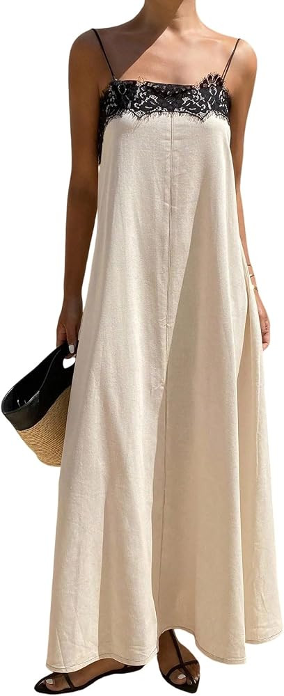 MARZXIN Womens Lace Dress Women's Summer Lace Patchwork Loose Fit Black & White Color Blocking Mi... | Amazon (US)